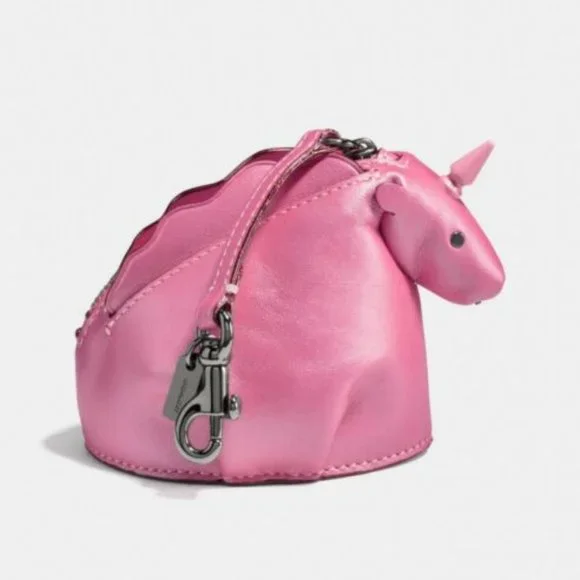 Coach Unicorn Metallic Pink keychain Bag Charm Coin Purse Stud Zipper NWT Leash - Picture 3 of 9